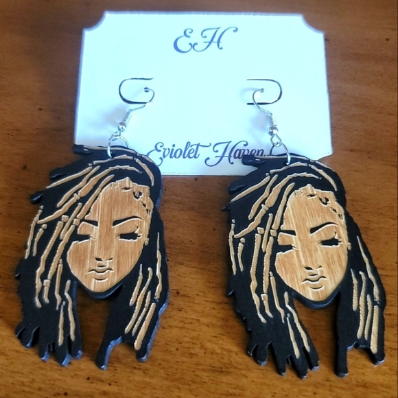 African Afro Natural Ethnic Lady Girl Locs Dangle Drop Wood Earrings - Picture 1 of 3